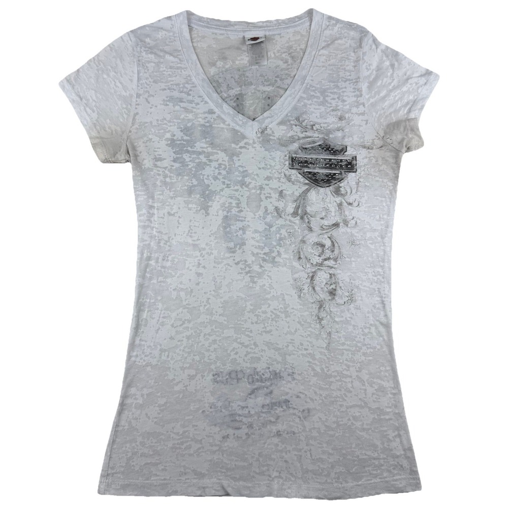 Harley Davidson Woman's White Tshirt Sequined 2014 Buffalo Bill Size S Vneck